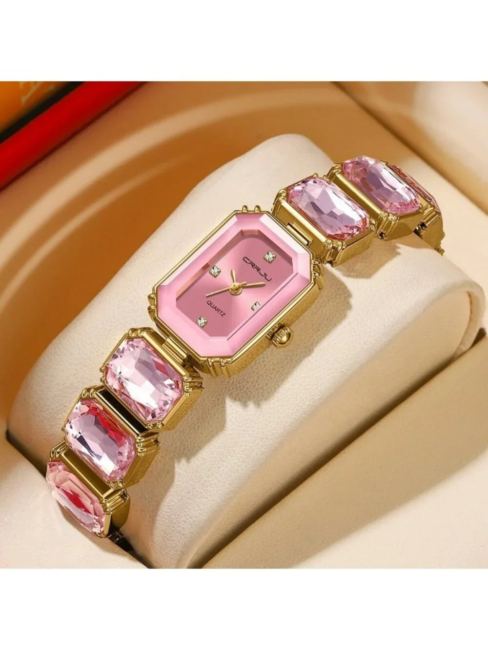 Women's Pink Ladies Square Crystal Quartz Fashion Luxury Movement Wrist Watch